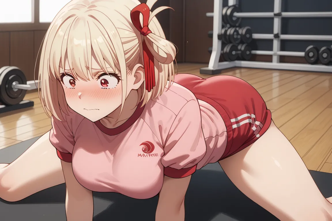 chisato nishikigi, short hair, bangs, blonde hair, red eyes, hair ribbon, one side up, bob cut, large breasts, (gym uniform:1.2), pink uniform, long pants, blush, embarrassed, narrow eyes, (spread legs wide:1.3), (breasts press:1.3), breast on floor, (lean...