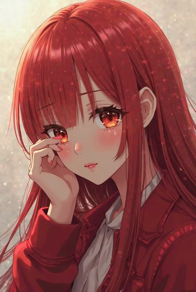 Girl with long red hair in a red jacket wiping her tears anime version