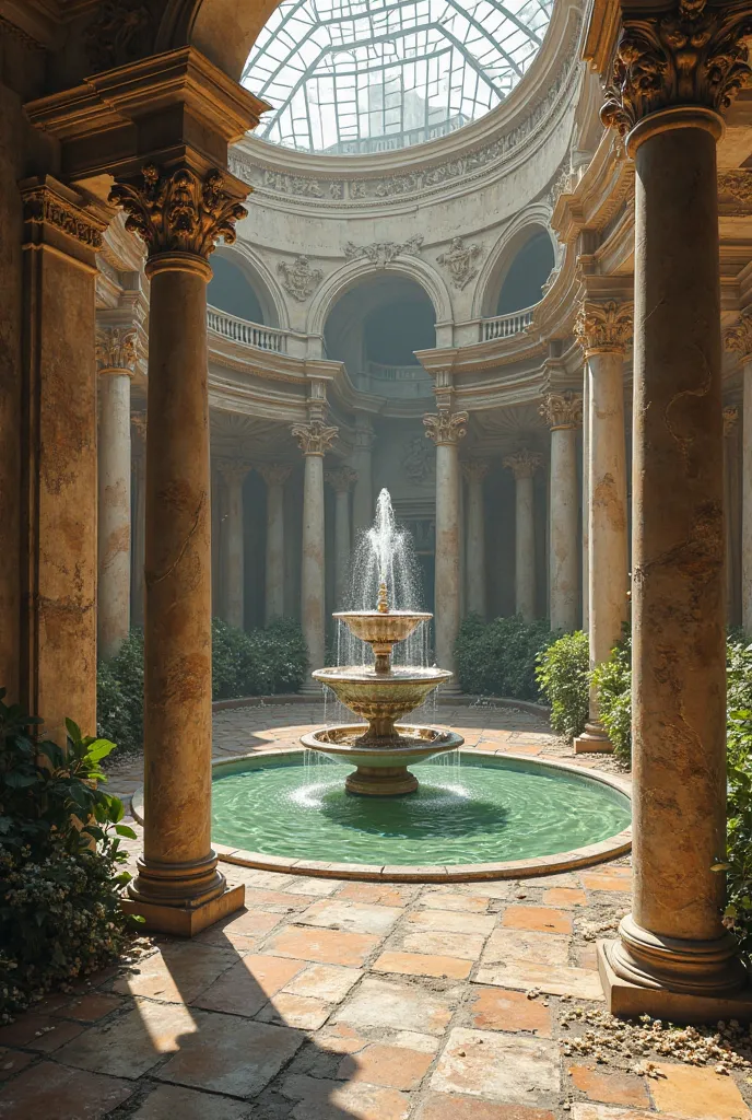 I want you to create the interior part of a Renaissance palace that looks extremely elegant with some vegetation and in the center a very beautiful fountain, That this is surrounded by a series of Corinthian columns that is a large and very wide space