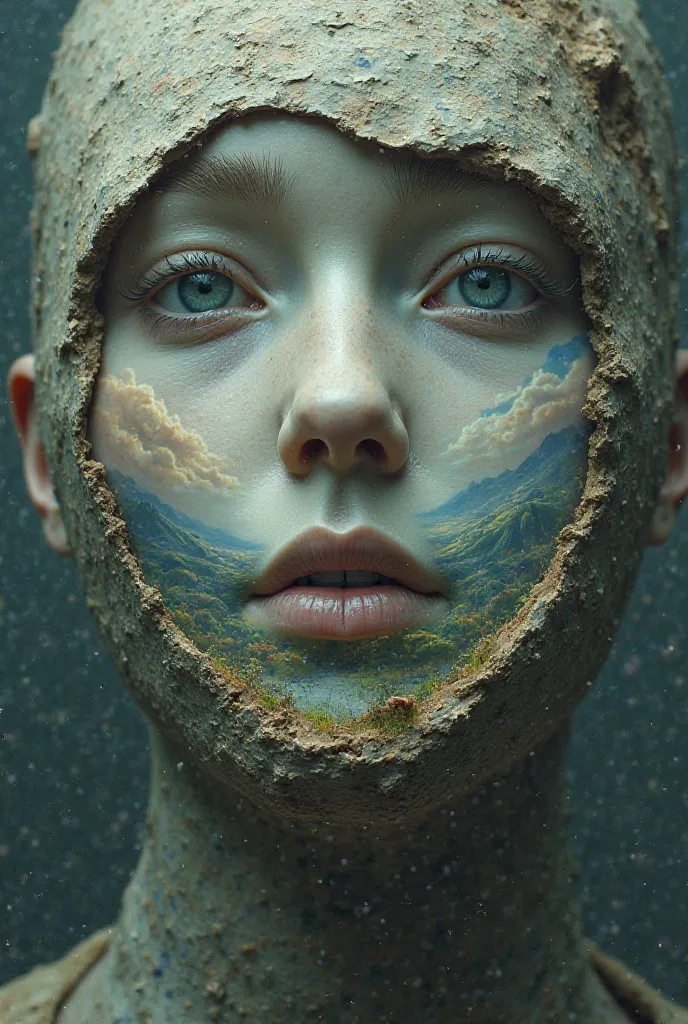  - Prompt: "A human face with a window for a mouth, revealing a landscape inside, surreal and dreamlike."