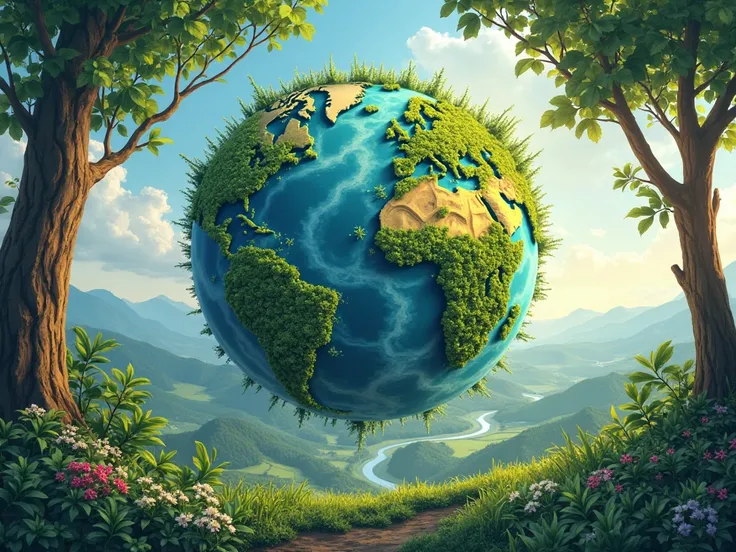 A digital artwork celebrating World Forest Day, depicting a green planet with trees, leaves, and a peaceful natural background, reminding people to protect forests and maintain ecological balance.