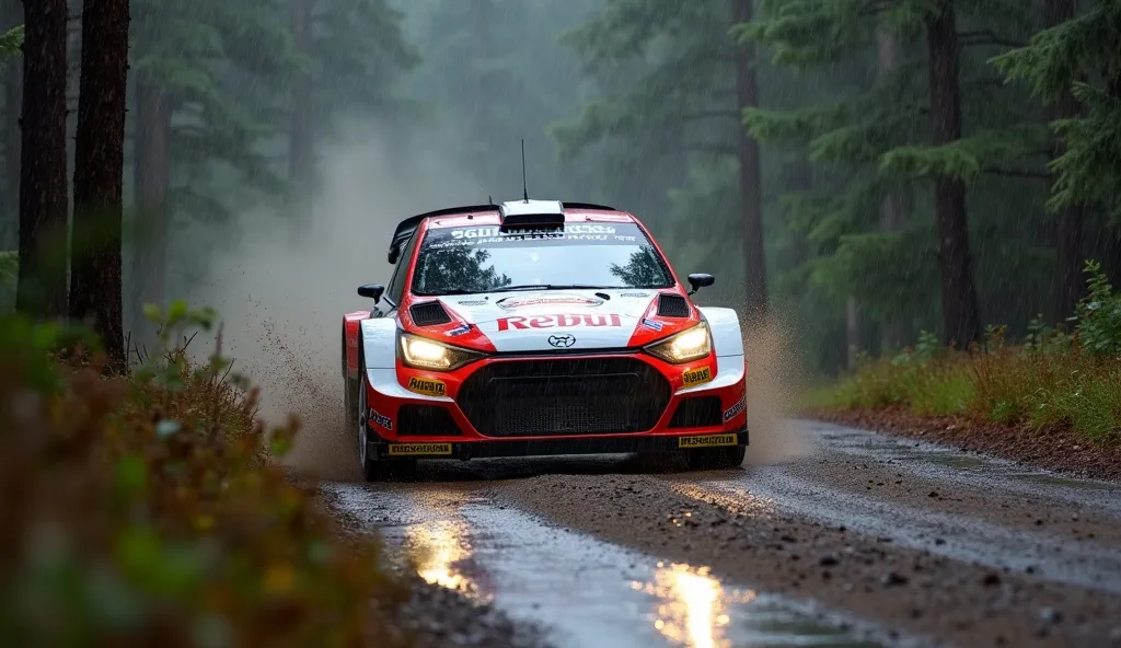 A WRC rally car speeding through the forests of Finland under heavy rain, gravel road, gravel projections, mud, puddles.