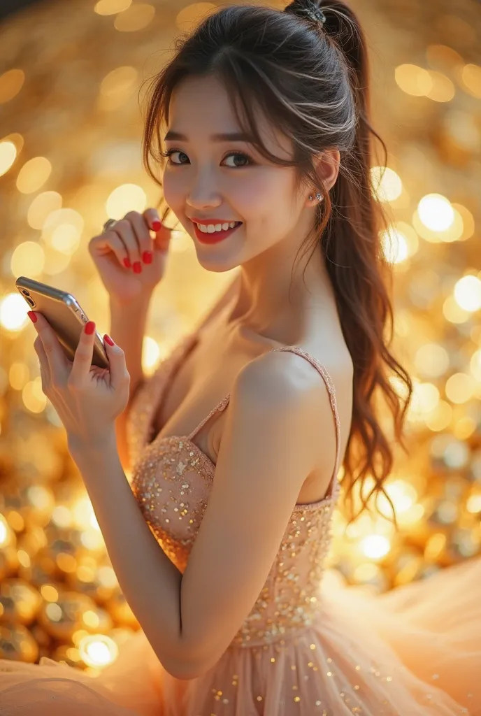 20-year-old girl, Korean face, Korean artist face with her sweet face. Her body is white, smooth and beautiful. Wearing a sexy dress that shows her cleavage, long hair tied up, hair with white highlights, a smiling face that shows her happiness, facing for...