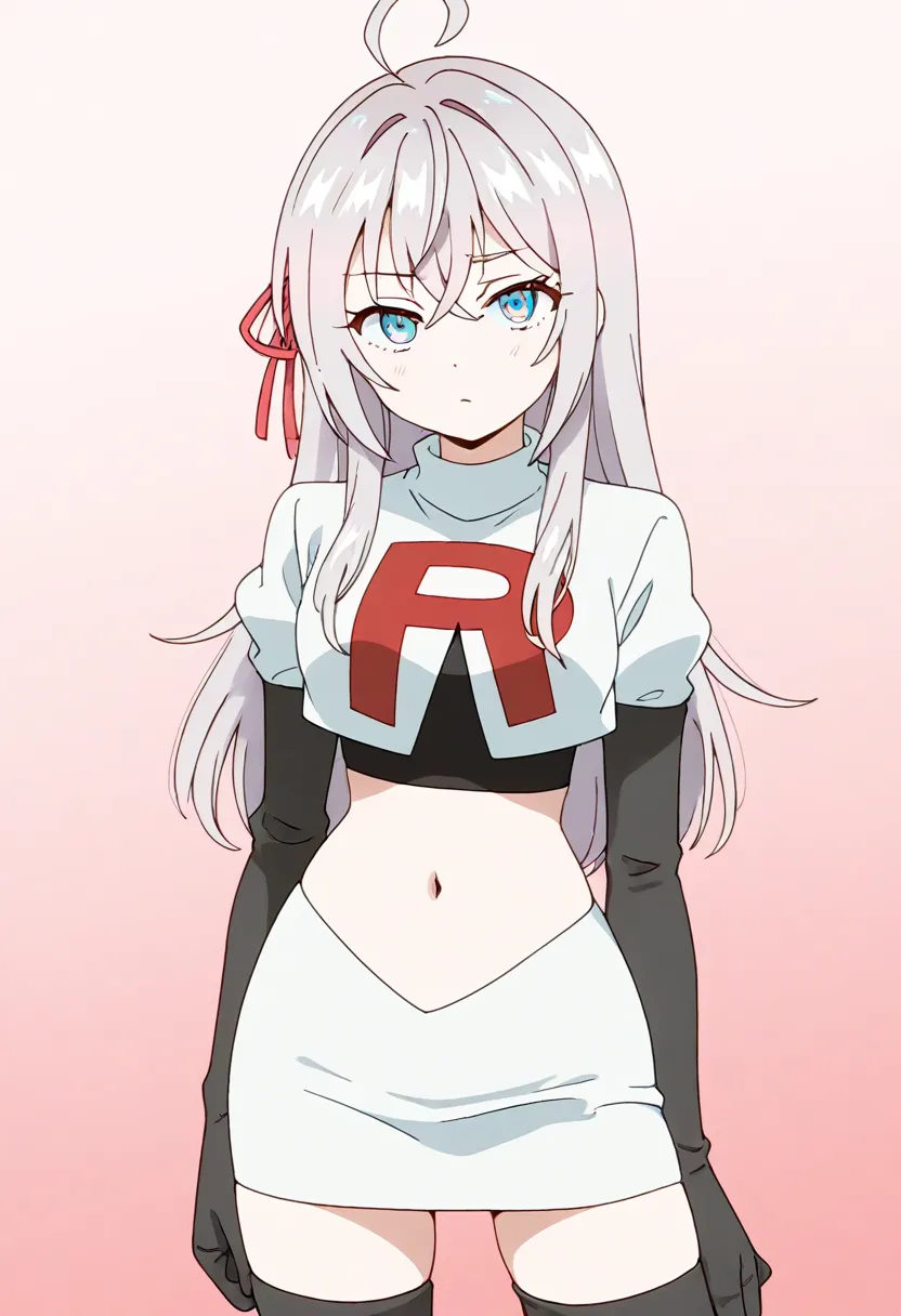 masterpiece, best quality, amazing quality,
1girl, solo, looking at viewer, gradient background, 
long hair, silver hair, ahoge, crossed bangs, red hair ribbon, sidelocks, blue eyes,
team rocket,team rocket uniform,white skirt,red letter R,crop top,black t...