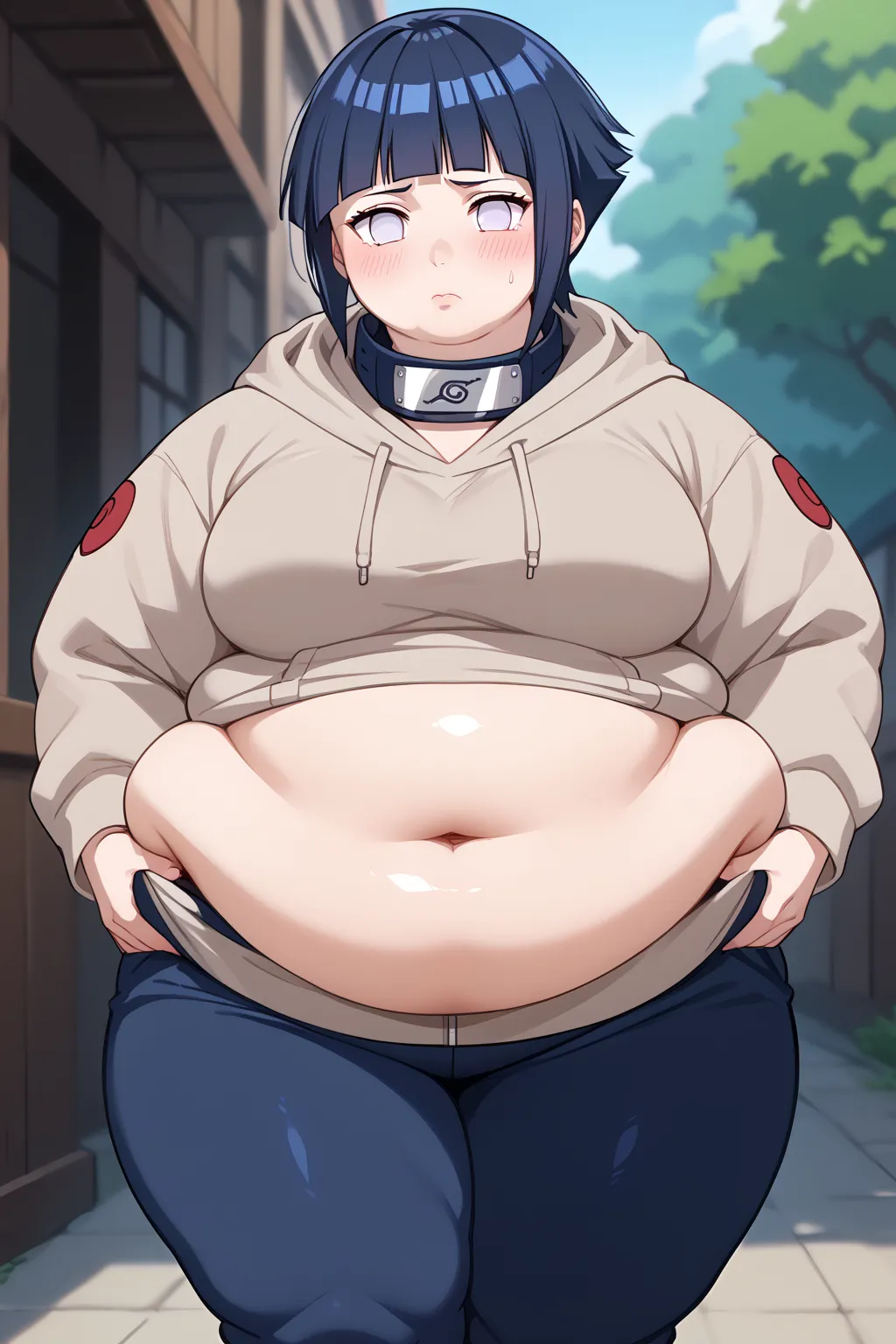 hyuuga hinata, short hair, black hair, no pupils, blunt bangs, shiny hair, white eyes, hoodie, hood down, long sleeves, capri pants, solo_focus, thick thighs, blurry_background, troubled expression, blush, blushing heavily, score_9, score_8_ up、 score_7_ u...