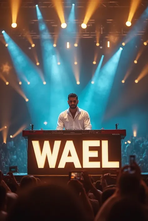 "Wael, a charismatic Tunisian musician, stands confidently behind an electronic keyboard on a grand stage, facing the camera directly. He wears a stylish white shirt with sleeves rolled up, exuding power and passion. The keyboard in front of him is promine...