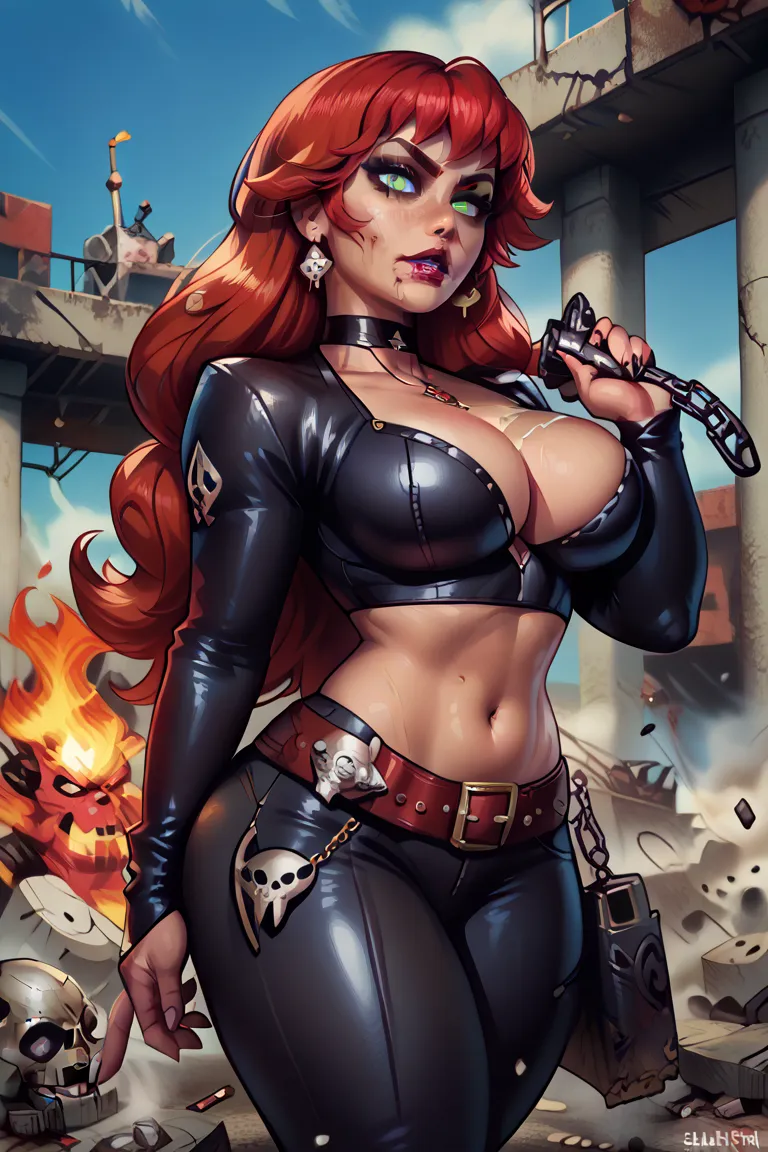 create a perfect prompt of a red-haired girl with long hair,  silky and shiny ,  with their faces peeled with blood from green eyes with a black corsage, big breasts, and a distressed brown leather overcoat, Black Leather Pants, boot,  with a gun in hand, ...