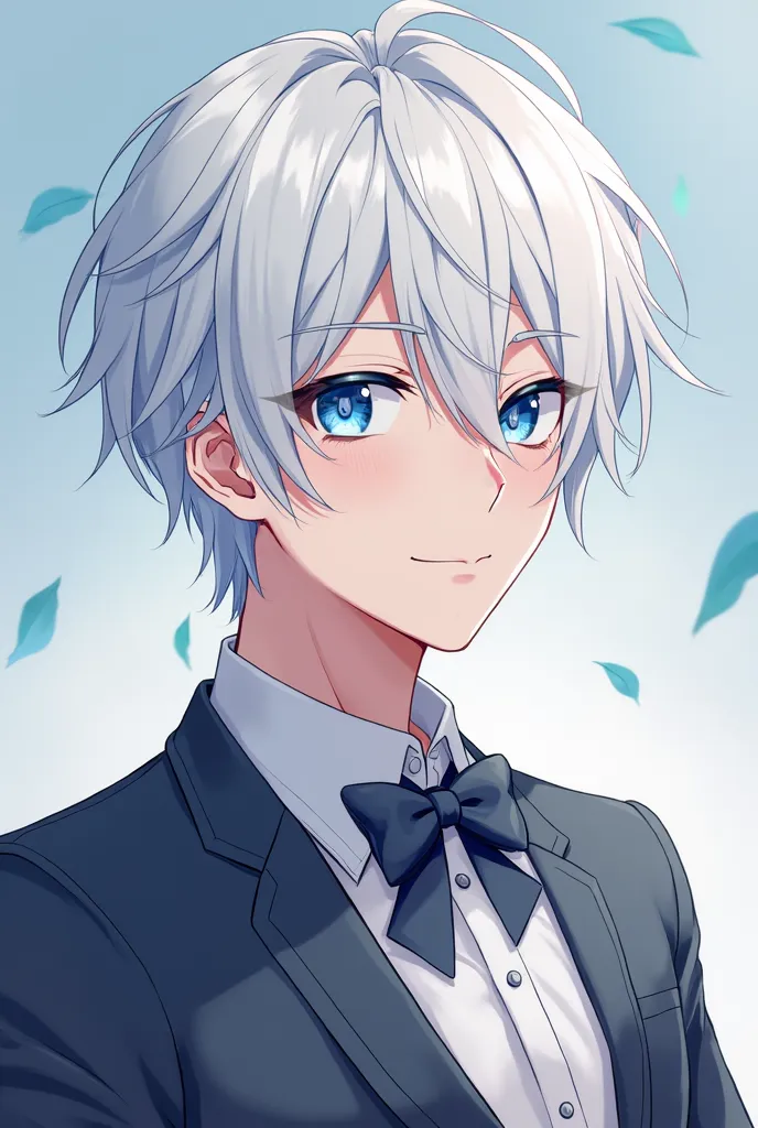 anime boy with white hair and blue eyes wearing a bow tie, a character portrait inspired by Bian Shoumin, trending on pixiv, rococo, delicate androgynous prince, tall anime guy with blue eyes, kawaii realistic portrait, beautiful androgynous prince, anime ...