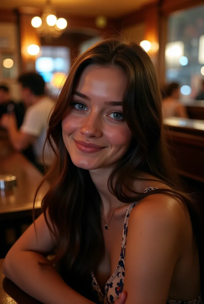 An amateur Instagram-style picture of a 20-year-old woman with long dark brown hair and striking blue eyes enjoying a night out at a traditional London pub. She is dressed in a stylish yet relaxed evening outfit, such as a chic dress or a fashionable top w...