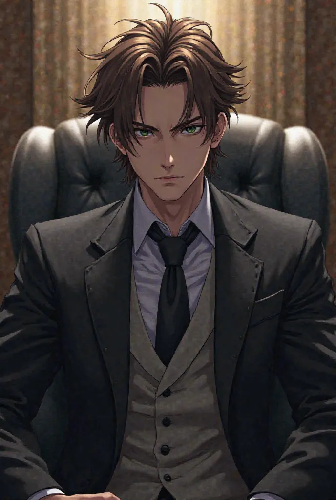 anime nam, CEO, is cold,  ears,  heathen ,  Brown hair , handsome, sitting on a chair.  unsmiling . 