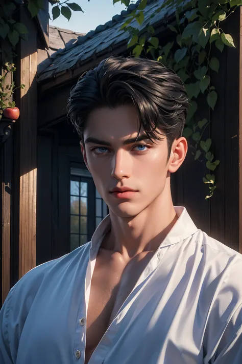 ((masterpiece:1.2, Best quality)), 4k, adult, European face, 1 person, male, mature, masculine, Beautiful, very tall, Muscles, broad shoulders, dark casual wear, White skin, medium black hair, Blue eyes, portrait, sunset, old house with apple trees. 
