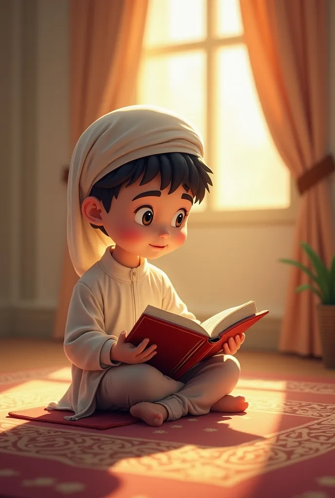 A cute Islamic cartoon  sits on a prayer mat, holding an open Quran. His eyes are focused as he recites, with soft sunlight streaming through a nearby window, creating a peaceful atmosphere."

