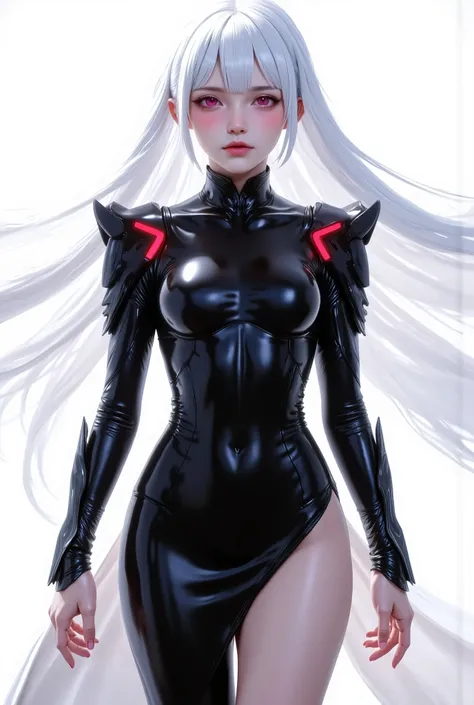 Create an anime-style character with long white hair and red eyes. The character is wearing a sleek black full bodysuit and long black sleek slit skirt on her lower body. Costume has dark red accents on the shoulders armor and red led on armor. The outfit ...
