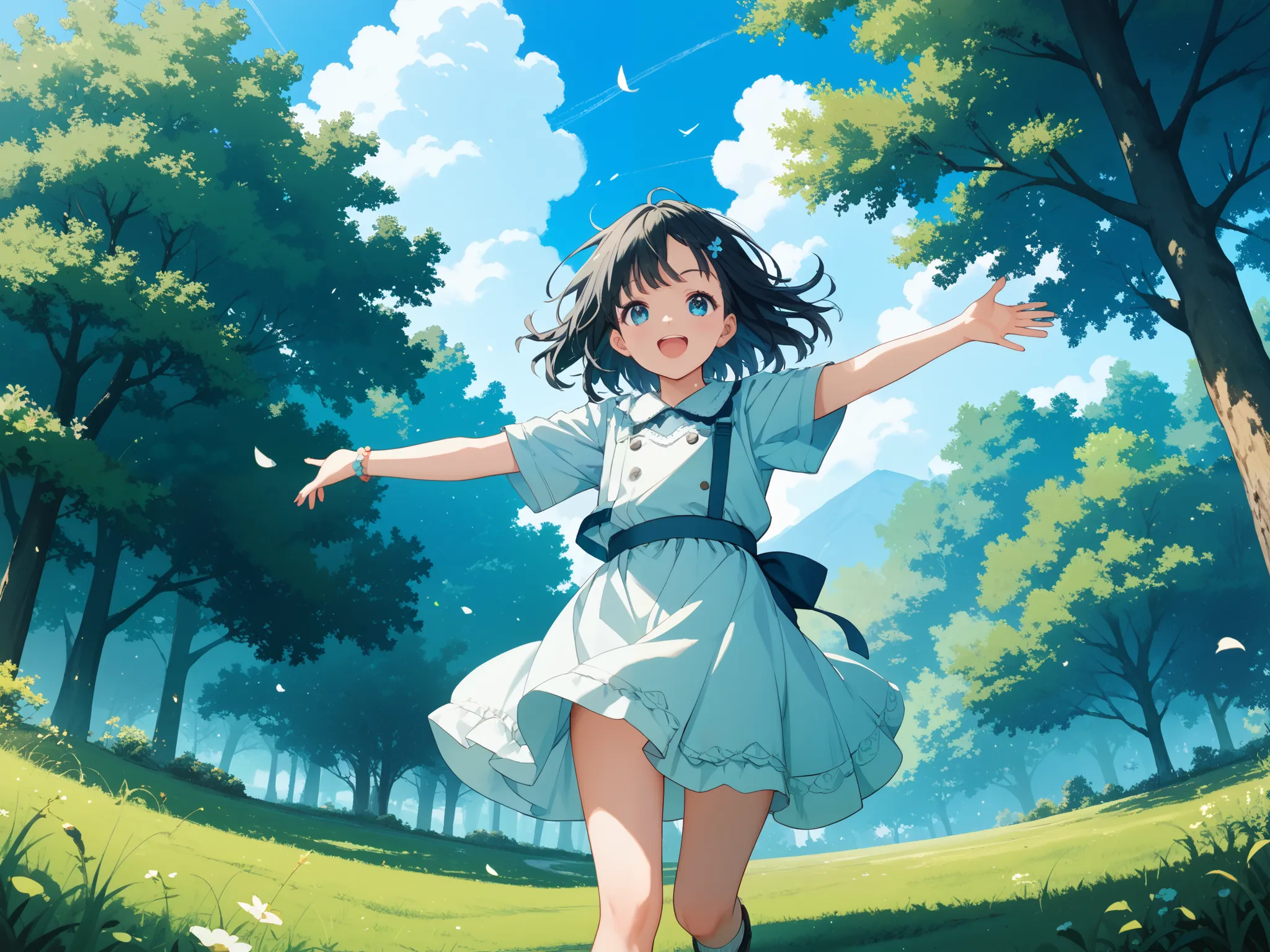 "An anime-style illustration of a playful Japanese girl in her hood standing in a grassy park, arms outstretched, enjoying the breeze. Her long, wavy black hair flows with the wind, and her skirt flutters naturally, creating a lively and carefree moment. T...