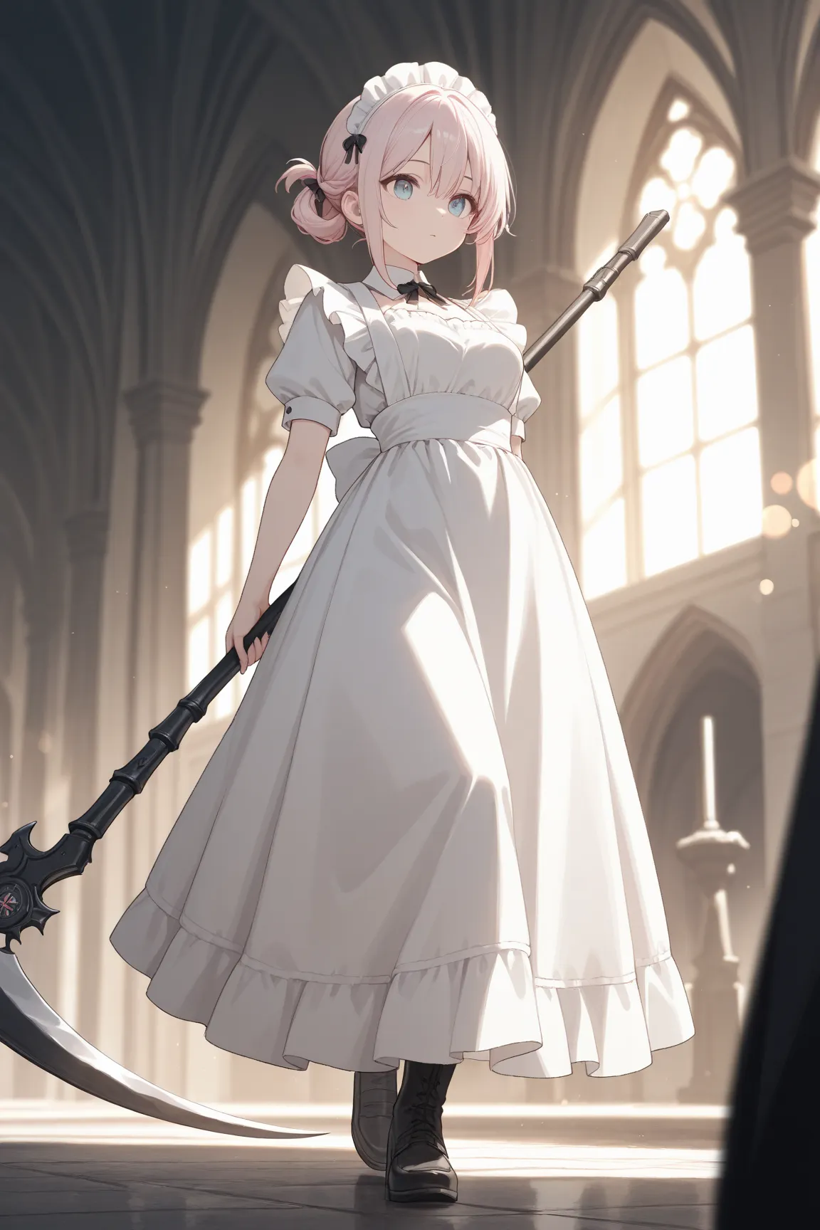 Wore white maid clothes、has a weapon with a large scythe、The pale pink-haired grim reaper,side tail hairstyle,high quality,detail best,4K,Masterpiece with natural light,extreme detail,Bokeh,Fantasy Scene,Light color scheme