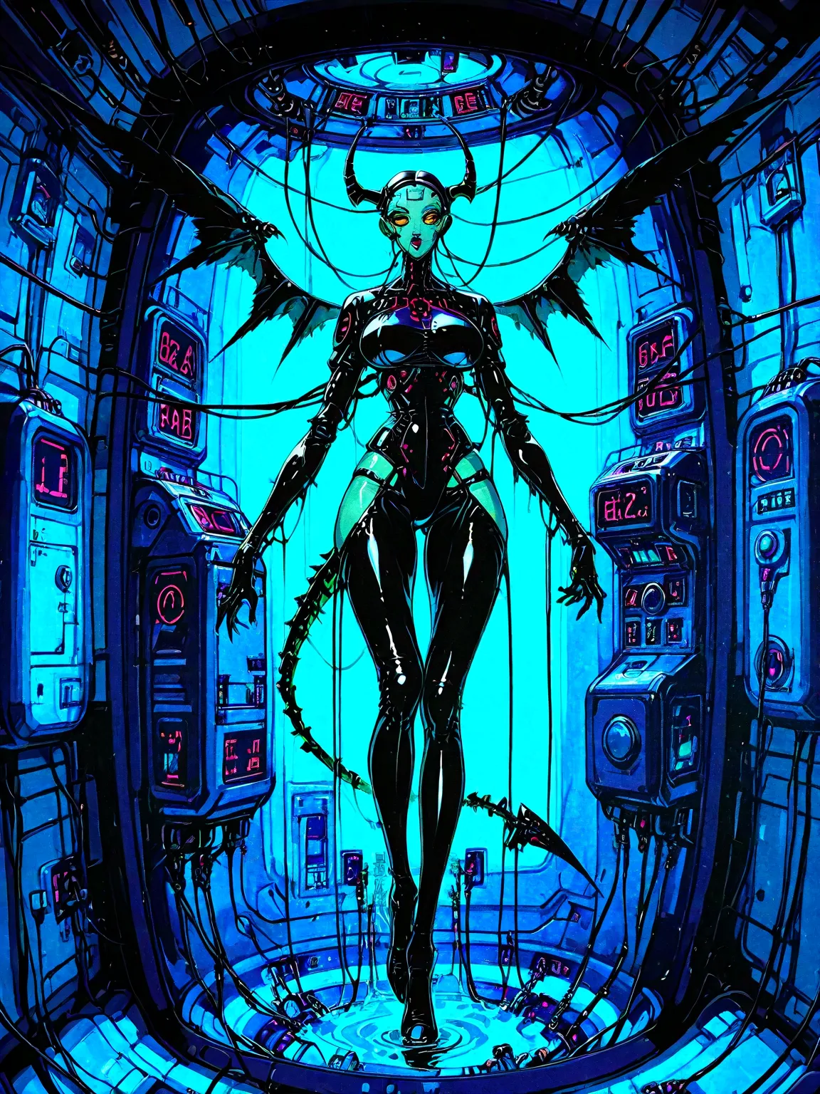 front view: ((full body)) Chica demonio, green skin, black wings ,Horns, TAIL,  four arms , extremely long legs, latex costume,  robotic circuits , big breasts, devices futuristic,  (( suspended by electrical cables )) (inside a capsule with liquid), circu...