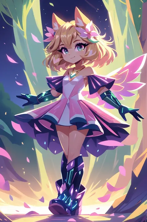 Lumina Lark Personality: Lumina is cheerful and confident, always willing to protect those she loves.: She is based on light and nature, inspired by fairies and forest spirits, combined with technological elements. color palette : Tons of light pink, golde...