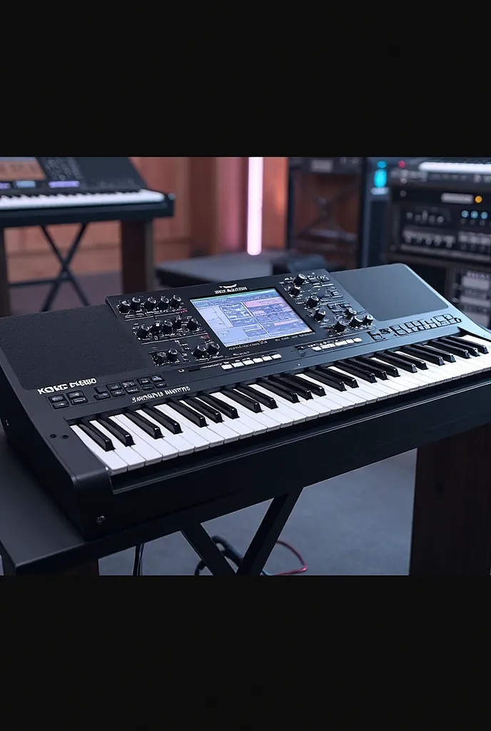 Create an ultra quality image of a very modern musical keyboard with a 10-inch screen with 76 keys and the Korg PA800 brand in bold highlighted and underneath the brand the name Jairzinho Martins

