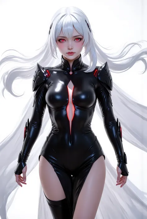 Create an anime-style character with long white hair and red eyes. The character is wearing a sleek black full bodysuit and long black sleek slit skirt. Costume has dark red accents on the shoulders armor and red led on armor. The outfit has a modern desig...