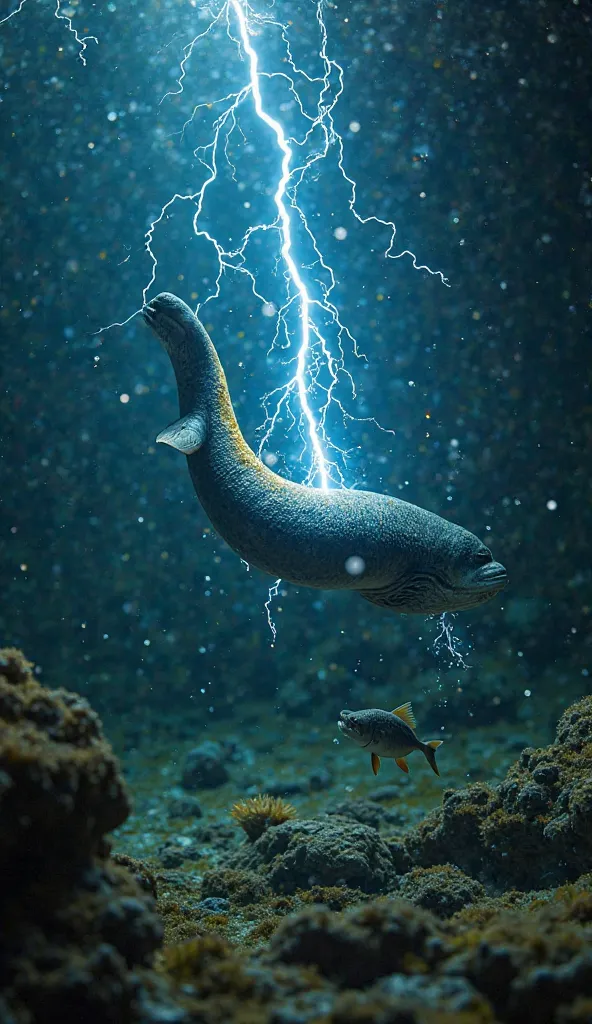 A hyper-realistic underwater scene of an Electric Eel delivering a powerful shock to its prey. The eel's long, dark, and smooth body coils slightly as it releases a bright burst of blue and yellow electricity. The energy crackles through the water, illumin...