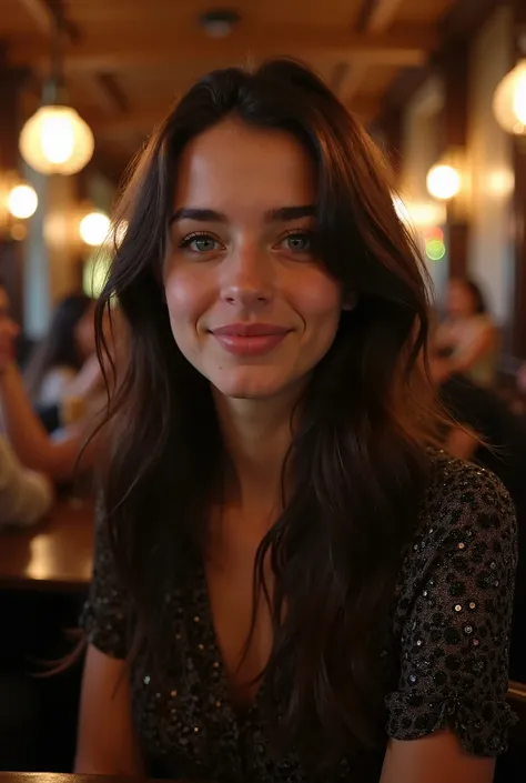 An amateur Instagram-style picture of a 20-year-old woman with long dark brown hair and striking blue eyes enjoying a night out at a traditional London pub. She is dressed in a stylish yet relaxed evening outfit, such as a chic dress or a fashionable top w...