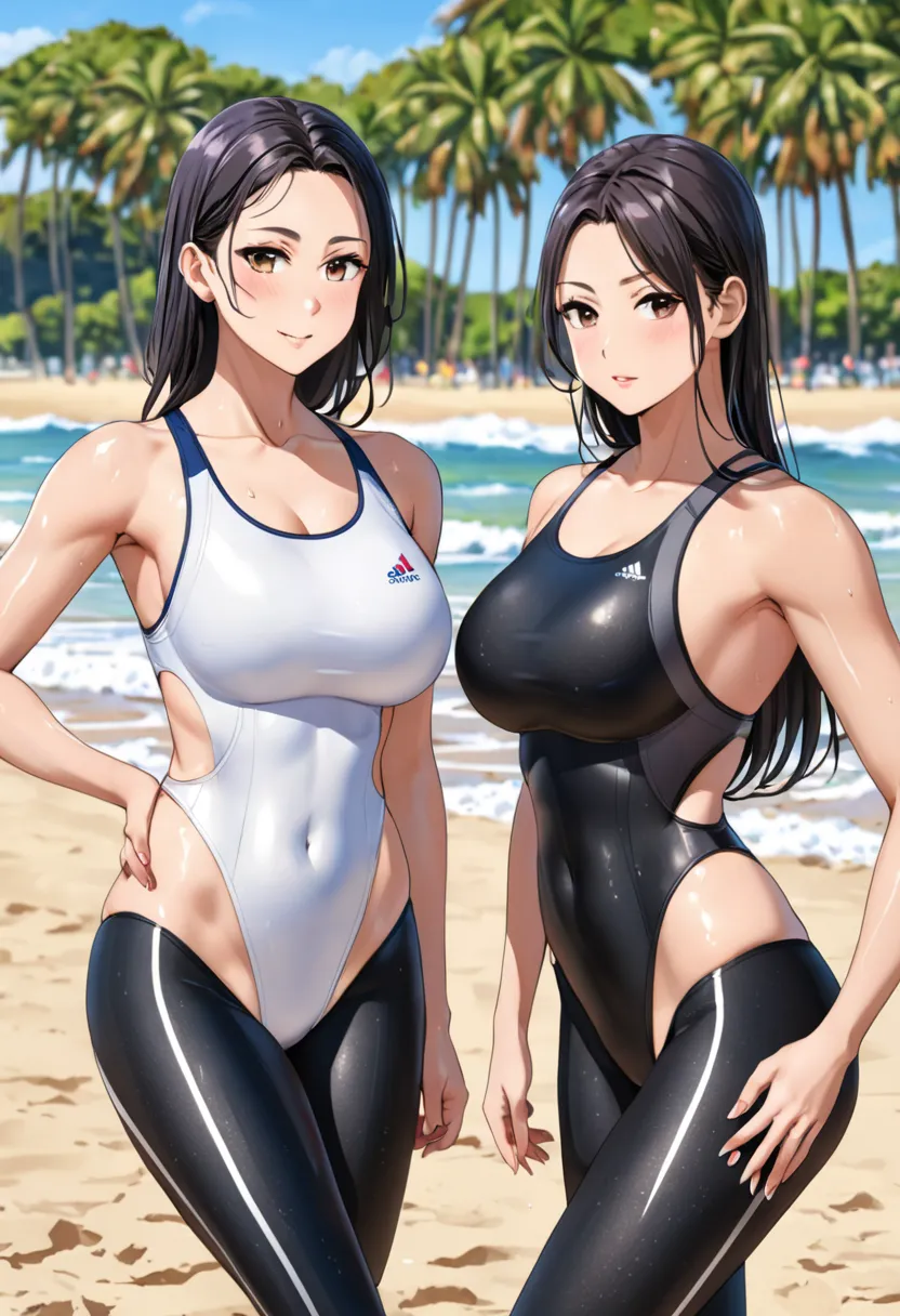 Two schoolren girls,  big breasts , very thin body,  in a competition swimsuit with leggings , oily body front view on the beach 