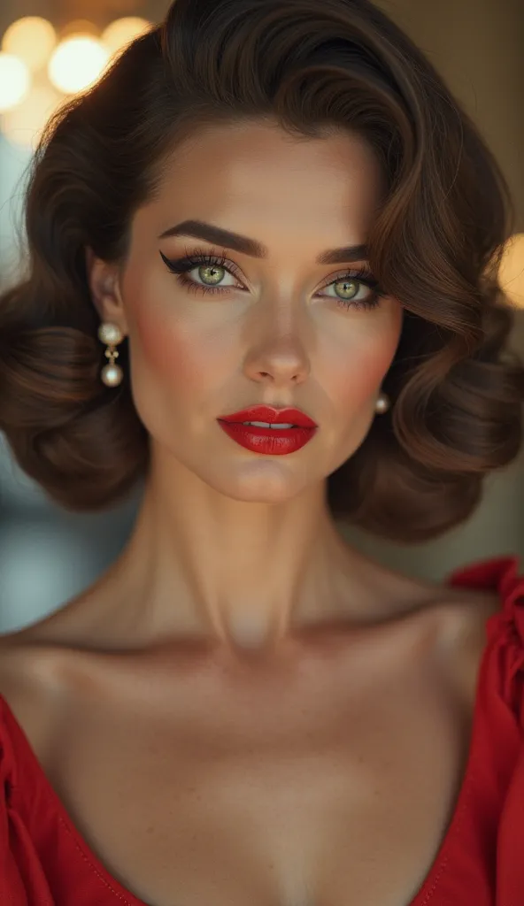 Realistic and detailed close-up image of a glamorous woman with all the features of the 1950s, focusing on the most characteristic feminine haircut of the 1950s with a background from that era