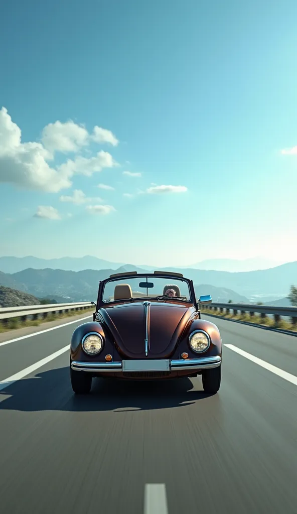 the dark brown VW The Beetle cabriolet runs briskly off an overseas expressway where the blue sky spreads out,The camera's point of view is ahead,超高quality、super realistic、super realistic、8kHigh Resolution, masterpiece, accurate, 最高quality, Details, 高いDeta...