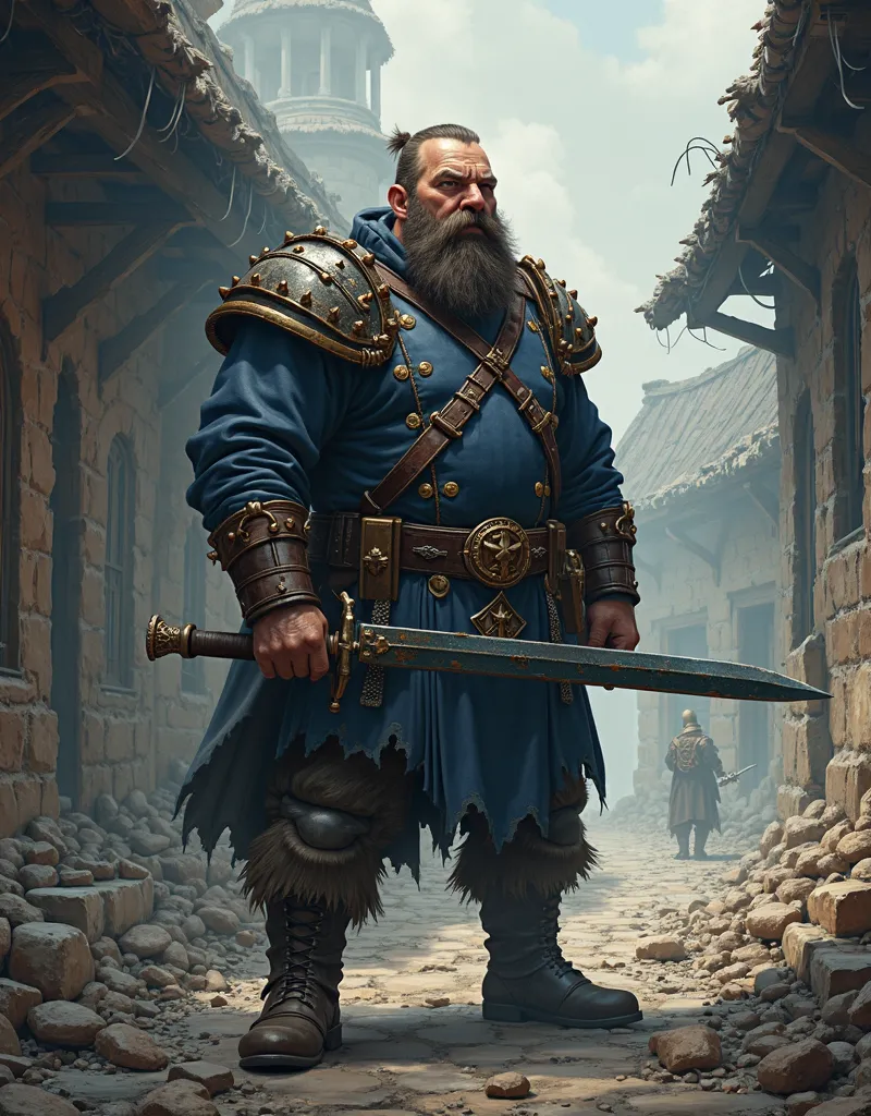 robust dwarven militia officer in dark blue uniform, standing tall and firm, expression stern and focused, detailed blue tunic with brass buttons and armor patches, thick beard and intense eyes, carrying a sturdy weapon at his side, one hand resting on the...