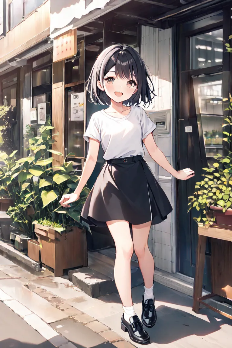 1girl, solo, looking at viewer, blush, smile, open mouth, short hair, black hair, standing, collarbone, white shirt, full body, short sleeves, :d, outdoors, teeth, shoes, socks, day, black skirt, black footwear, plant, building