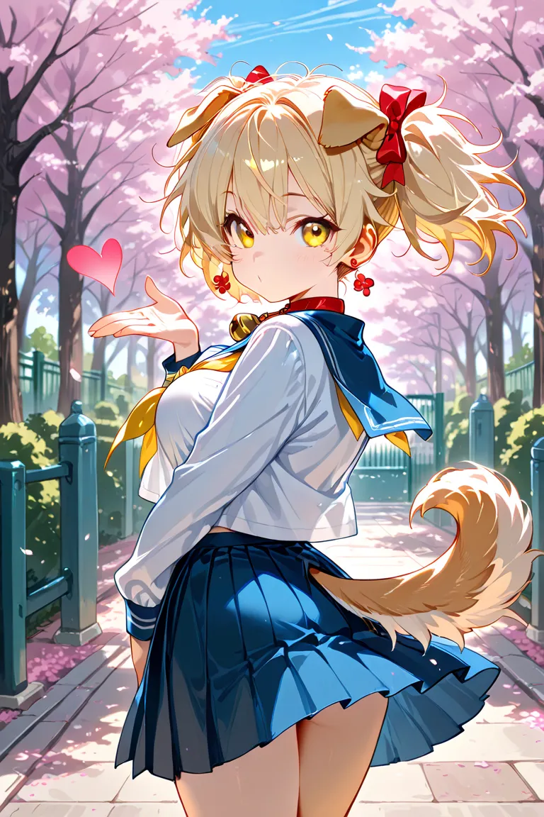 Nsfw,1girl, solo, loli, dog girl, dog ears, cheerful, neck bell, earrings, yellow eyes, hair bow, 
blonde hair, long hair, short twintails, messy hair, floating hair, 
cleavage, large breasts, happy, 

serafuku, blowing kiss, heart, 

spring, Cherry blosso...