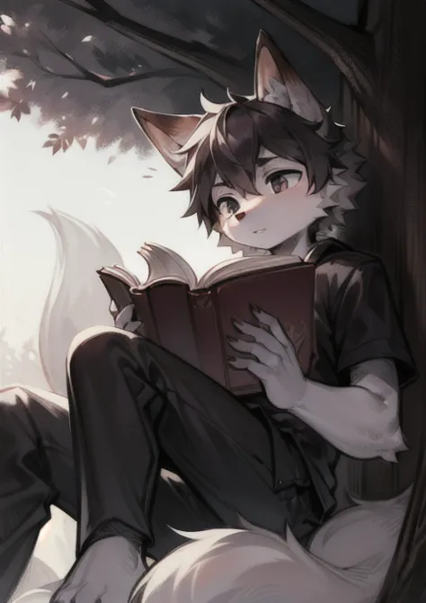 A young fox with black and white fur is sitting in a tree and reading a book（Five fingers）