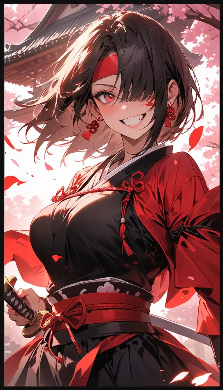 (beautiful girl : 1.3),1 girl,(samurai,warrior, Japanese sword,headband,Chest guard,big ribbon,earrings), black hair,bob cut the blue cloth, Hair Over One Eye,red petal tattoo on the cheek,crazy smile,Reckless attitude,Evil face,Provocative attitude, with ...