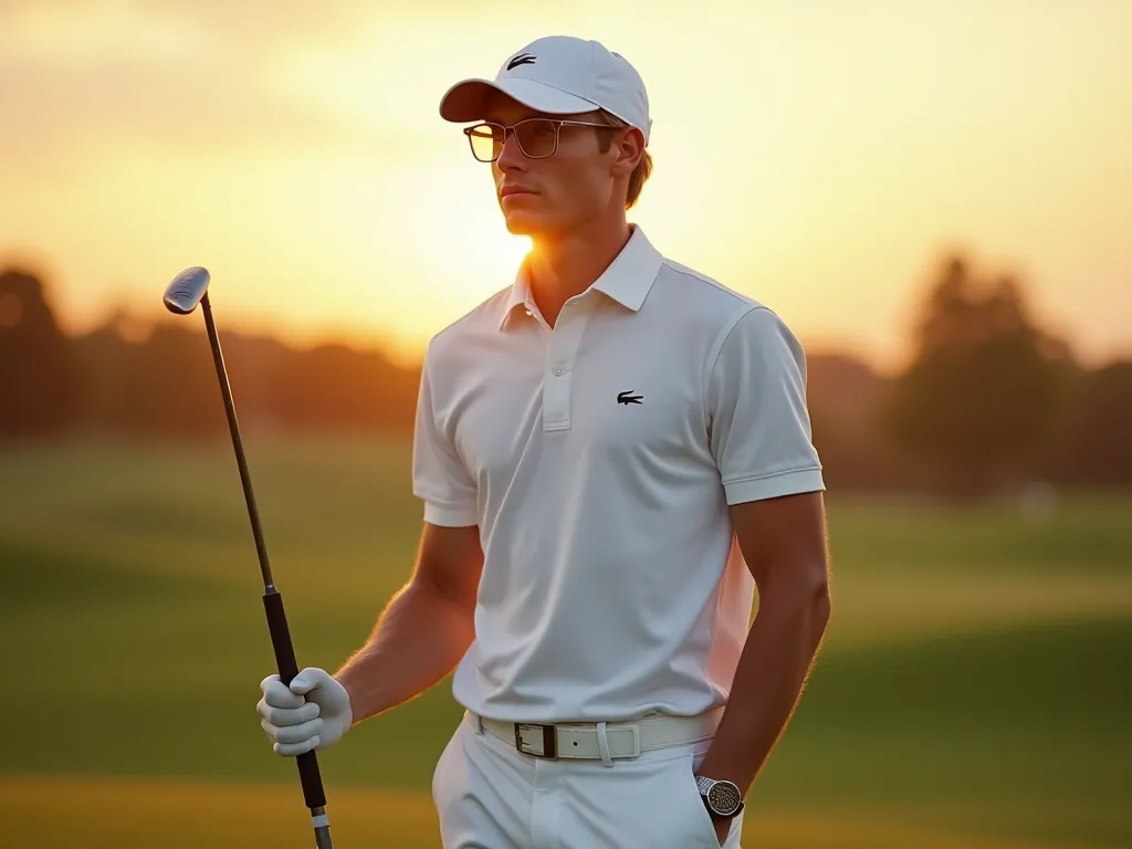 A full body, Handsome Man 25 years old, short light blonde short hair wet backwards , bright blue eyes, marked jaw, Barba Balbo wears a white Lacoste shirt and white pants and a white Ralph Lauren cap and golf glasses and in his right hand holding a golf c...