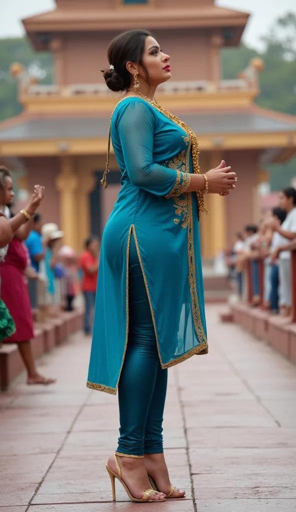 I am a tall, tall Indian Muslim woman over 40, ressemblant à l'actrice indienne hansika motwani, wearing a transparent peacock blue kurti with puffed sleeves edged in gold ,and wearing shiny leggings, reflecting, brun clair, very tight, gold nose rings ,no...