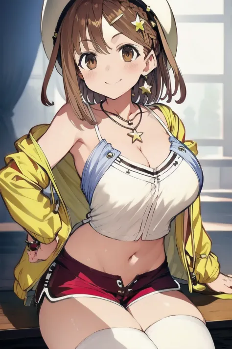 ライザリン・シュタウト,(masterpiece, best quality:1.2),2D, anime, Anime art, line art , watercolor,loli, 1 girl , chest, (large breasts),braid, (brown eyes), (brown hair), hat, jewelry, necklace, (red shorts), (reisalin stout), (short shorts), shorts, smile, solo, (s...