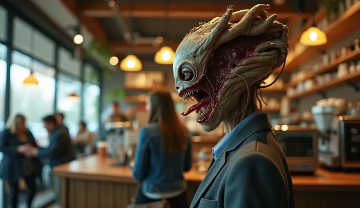 A hyper-realistic 4K photograph captured with a modern high-resolution digital camera, depicting a terrifying and bizarre young age girl standing in a bustling coffee shop. She is dressed in sharp, well-tailored modern age casual clothing, but her head is ...