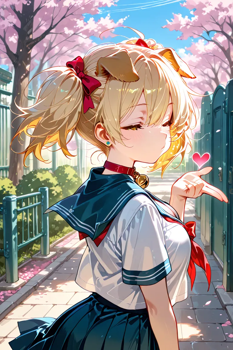 Nsfw,1girl, solo, loli, dog girl, dog ears, cheerful, neck bell, earrings, yellow eyes, hair bow, 
blonde hair, long hair, short twintails, messy hair, floating hair, 
cleavage, large breasts, happy, closed eyes, 

serafuku, blowing kiss, heart, 

spring, ...