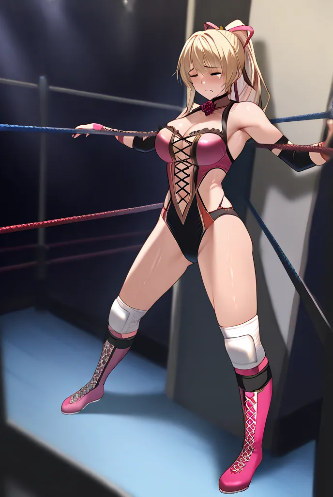 A female wrestler spreads her legs and is crucified in the corner of a wrestling ring,raide on tightrope her knees,Being held in the wrestling corner,sad,dead or alive