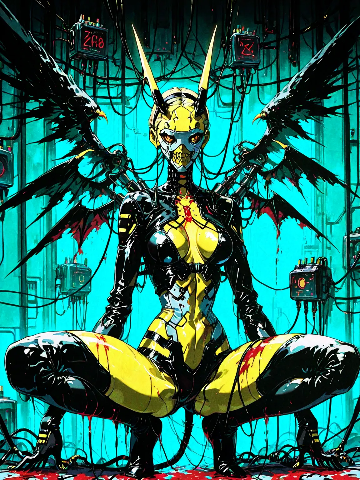 front view: Chica demonio, yellow skin, black wings ,Horns, TAIL,  four arms , extremely long legs, latex costume,  robotic circuits , breasts, devices futuristic, (( suspended by electrical cables ))(squatting), circuits, blood. Background: cyberpunk city...