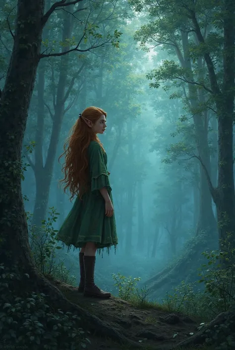 Page 2: (Image: A young elf girl with auburn hair and bright blue eyes, standing at the edge of a darkened forest.) Elowen, a young elf, loved the forest, but now it was shrouded in darkness.