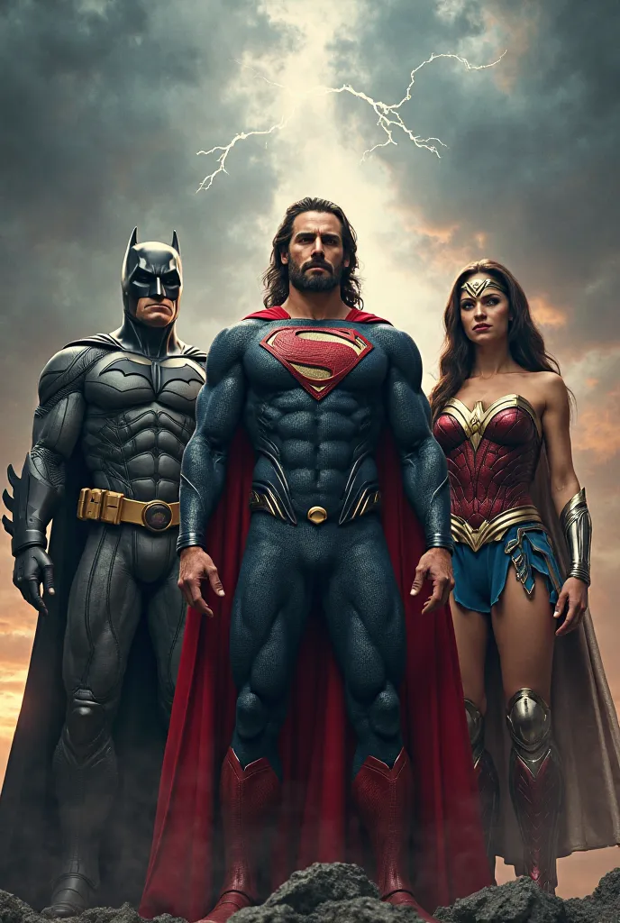 Play Michael Keaton's Batman , Henry Cavill's Superman and Galgadot's Wonder Woman, WITH JESUS IN THE MIDDLE