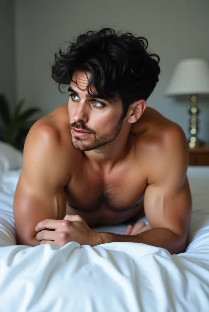 man, Realistic, black hair, defined body, BIG ASS,  with body hair , smooth and white ass,  himself lying on the bed,  with my stomach down, white sheet, only in underwear, looking to the side, full body, Facing here, supported on elbows.