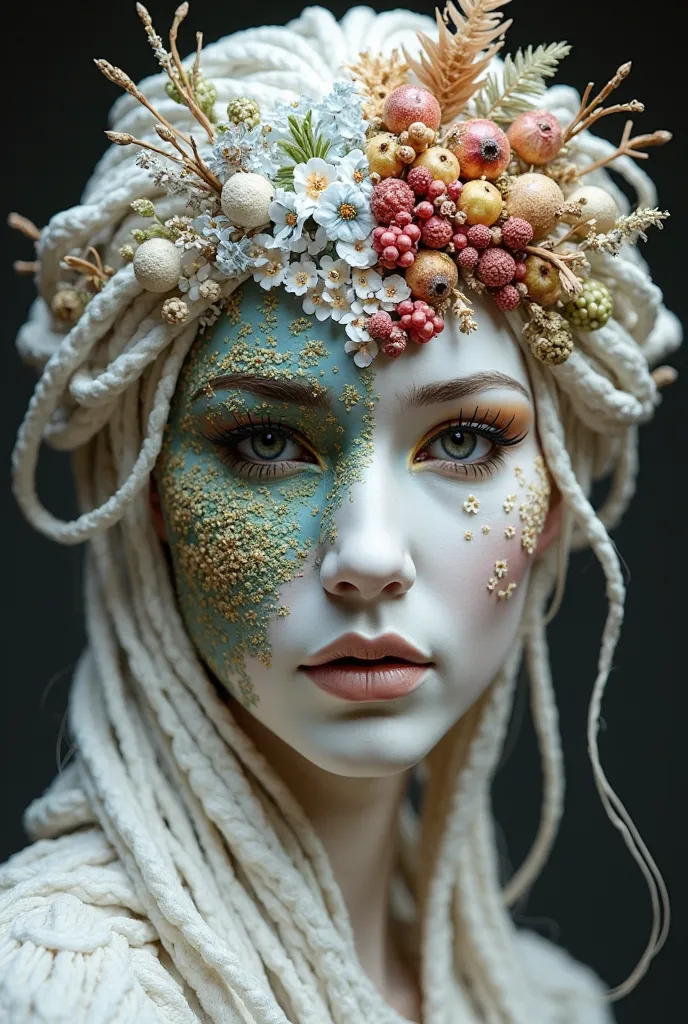 White mask on more Italian Greek goddesses Demeter and Persephone. The mask must cover the face and part of the hair. So, on the head of this mask there must be a representation of the four seasons of the year summer, autumn, winter and spring with some Ve...