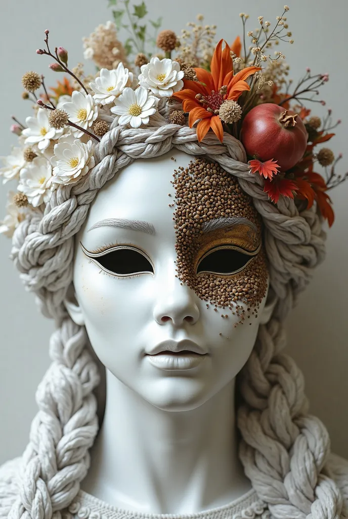 White mask on more Italian Greek goddesses Demeter and Persephone. The mask must cover the face and part of the hair. So, on the head of this mask there must be a representation of the four seasons of the year summer, autumn, winter and spring with some Ve...