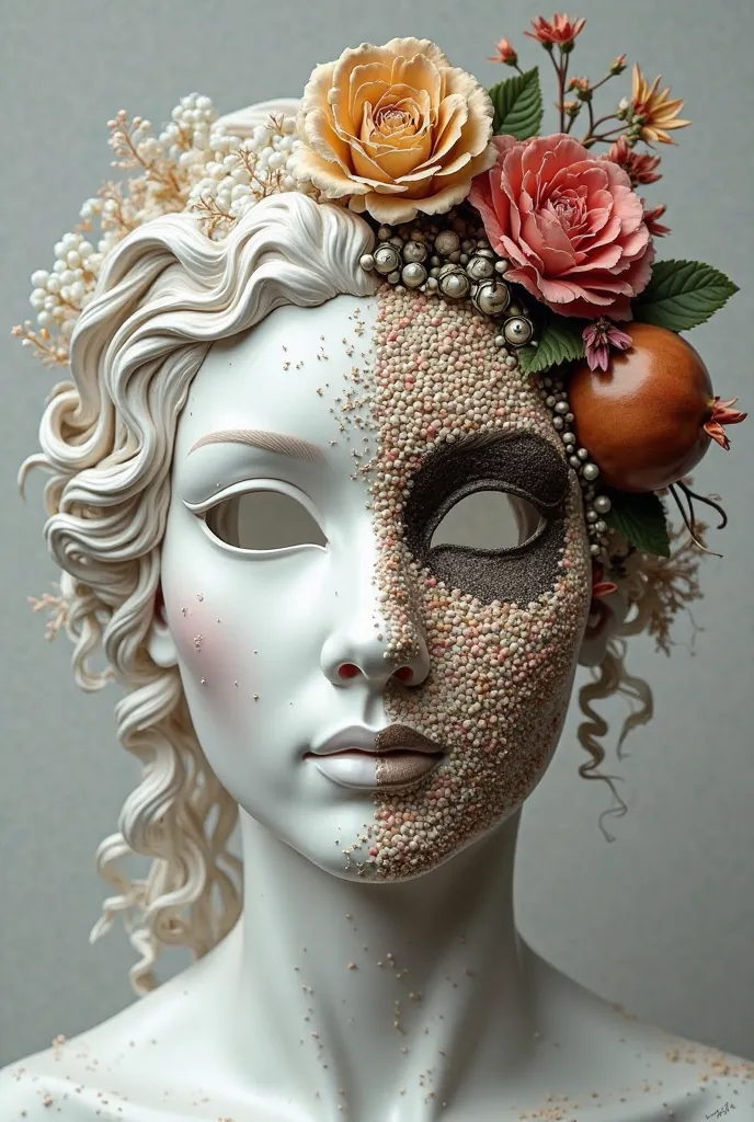 White mask on more Italian Greek goddesses Demeter and Persephone. The mask must cover the face and part of the hair. So, on the head of this mask there must be a representation of the four seasons of the year summer, autumn, winter and spring with some Ve...