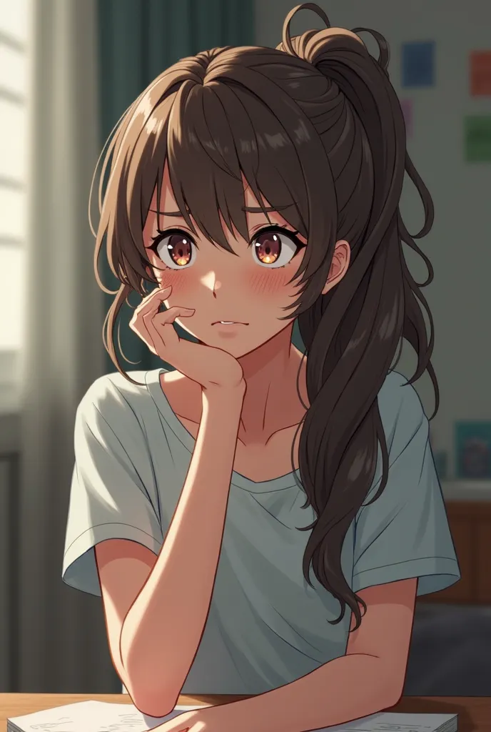 Give me an image of a high school girl with brown hair in a ponytail and a confused and surprised but not so lively expression 