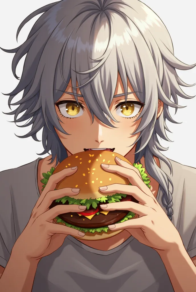  Adult man, anime, video game, loose long gray hair, long hair,  loose hair, Yellow eyes,  golden eyes, slightly tanned pale skin, butterfly bangs, open bangs, a lock sticking out of his head, tonificado, muscular, eating a hamburger