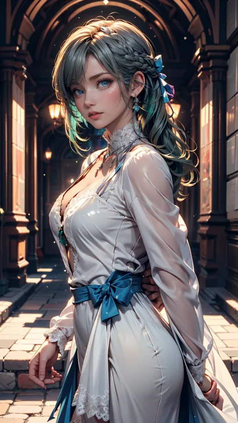 1 girl, Alone, hair accessories, green hair, Twin Tails, long hair,  silver accessory on the wrist {x} high neck dress decorated with lace（ Long Sleeve）, Silver Wrist Accessory、side ponytail((side ponytail)) 、 Silver Hair、 24-year-old White Woman 、long eye...