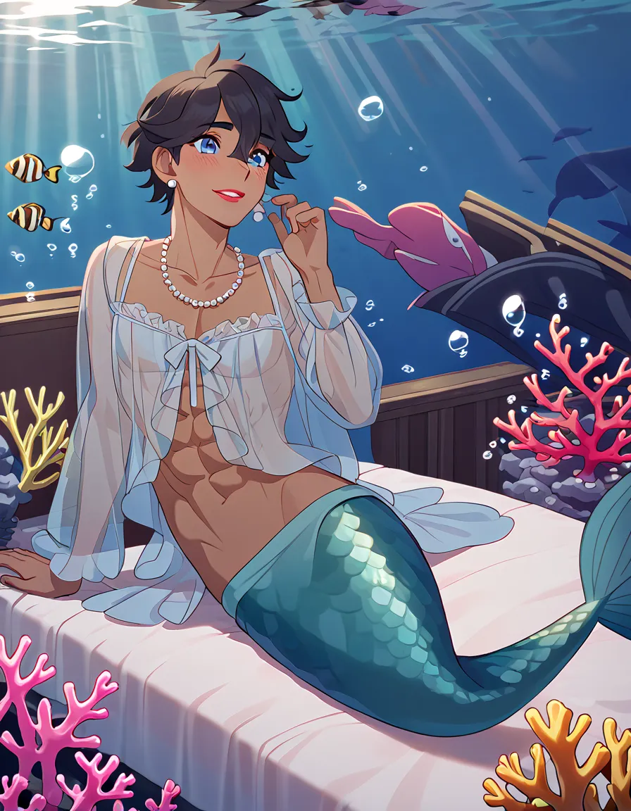 Solo, alone, male merman, tanned skin, green merman, blue eyes, black hair, sea, under deep sea, smile, male chest, abs, pink blush, merman sleep on bed, water bubbles, seaweed, coral, merman wear negligee long sleeve, pearl necklace, cry, red lips, pearl ...